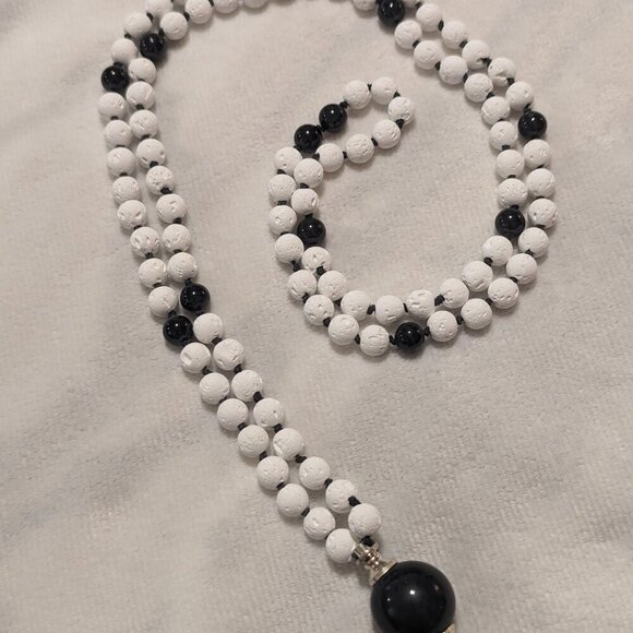 Handmade 108 bead mala White Lava and Black Tourmaline - pendulum divination - Picture 2 of 3